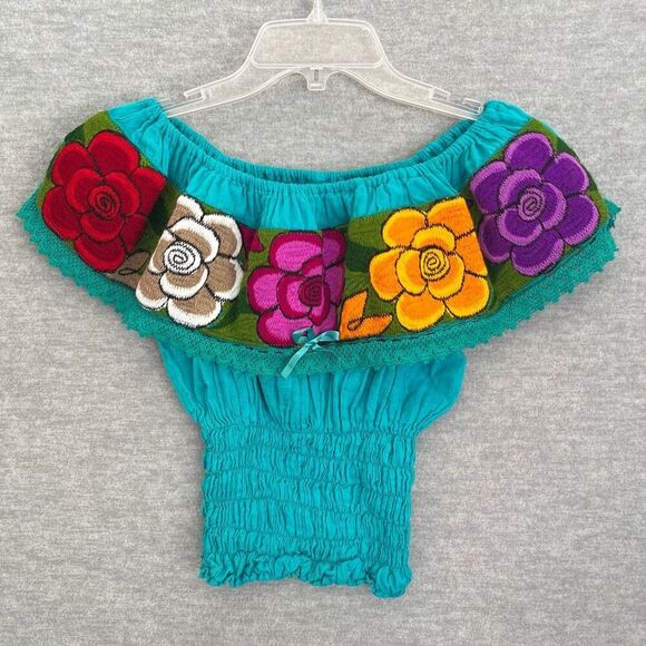 Boho Embroidered Gauze Off The Shoulder Top Peasant Turquoise Mexican Campesina - Picture 3 of 10